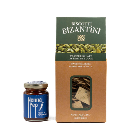 Idea Aperitivo: Biscotti salati ai semi di zucca Bio 180g e mousse di peperoncino Nenna Pep 120g