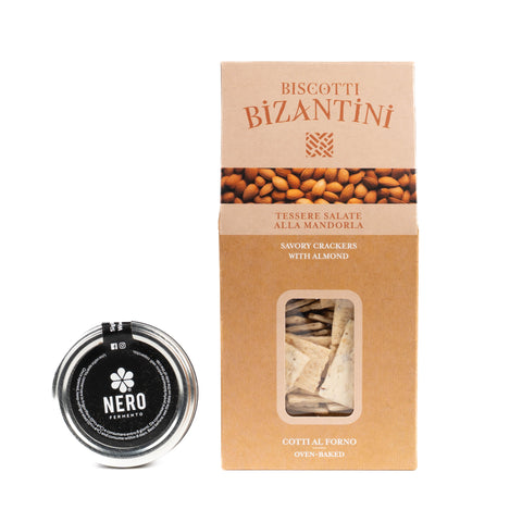 Idea Aperitivo: Biscotti salati alle mandorle Bio 180g e crema di aglio nero Nerofermento 70g